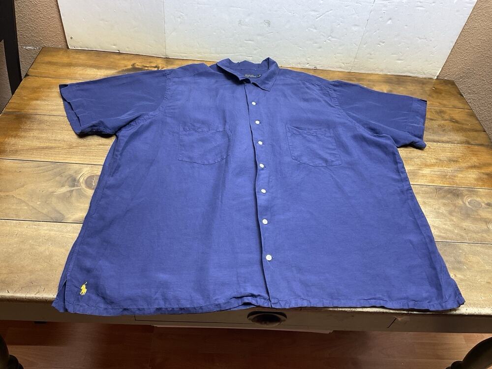 Polo Ralph Lauren Button Up Mens Blue Linen Silk Blend Short Sleeve Camp Shirt